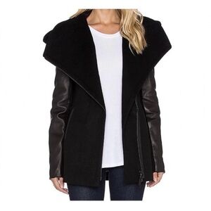 Mackage Black Leather Sleeve Wool Coat with Big Detachable Hood